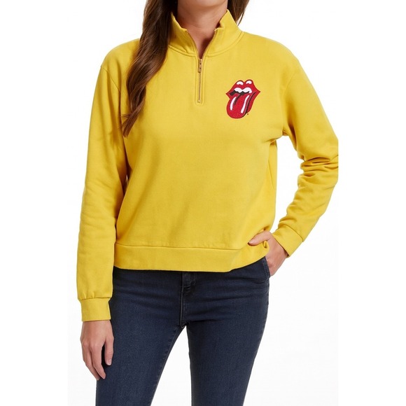 The Rolling Stones‎ Women's XS yellow Quarter Zip Pullover Lips Logo - Picture 1 of 4